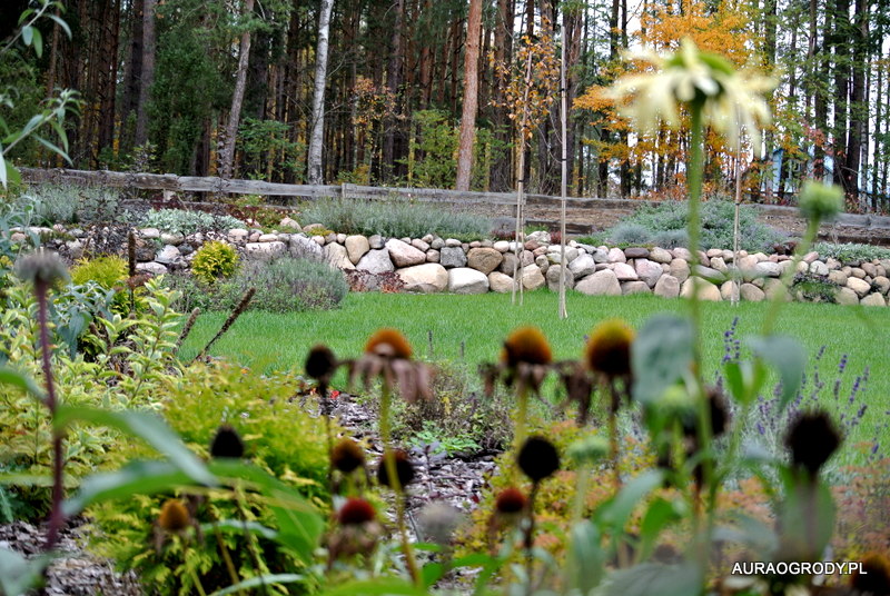 Ogród pod lasem z murkiem z polnych kamieni