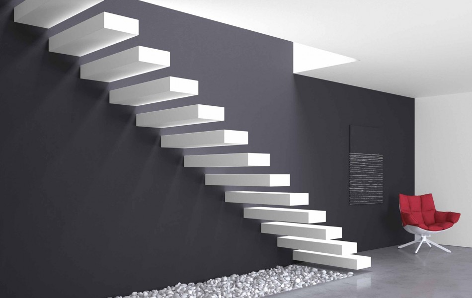 Schody TENO to nowe schody wspornikowe. Stopnie montowane są bezpośrednio do ściany nośnej budynku.
