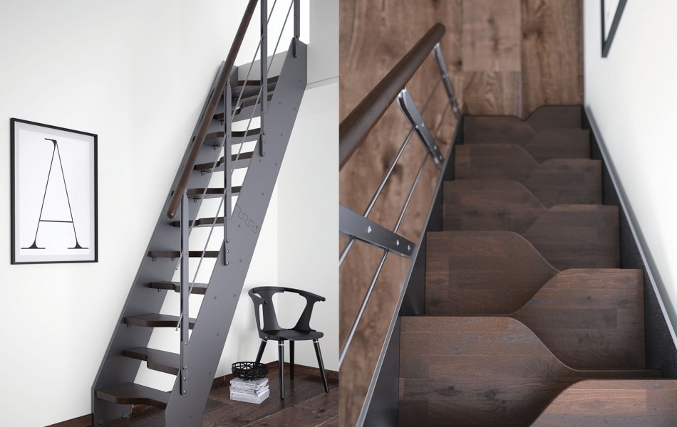 Schody FUTURA PLUS -  może być stosowana jako alternatywa schodów kręconych. Wyprofilowane stopnie redukują do minimum zajętą powierzchnię.