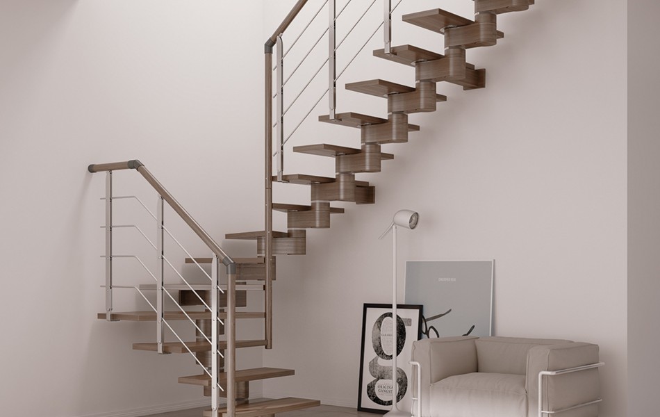 Schody GAMMA - konstrukcja schodów zabiegowych to ciepło drewna i nowoczesne akcenty w postaci bieli i stali.
