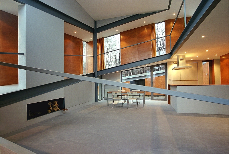 Minimalistyczny, nowoczesny  salon z elementami drewnianymi - pochylnia zamiast schodów daje ciekawy efekt we wnętrzu 